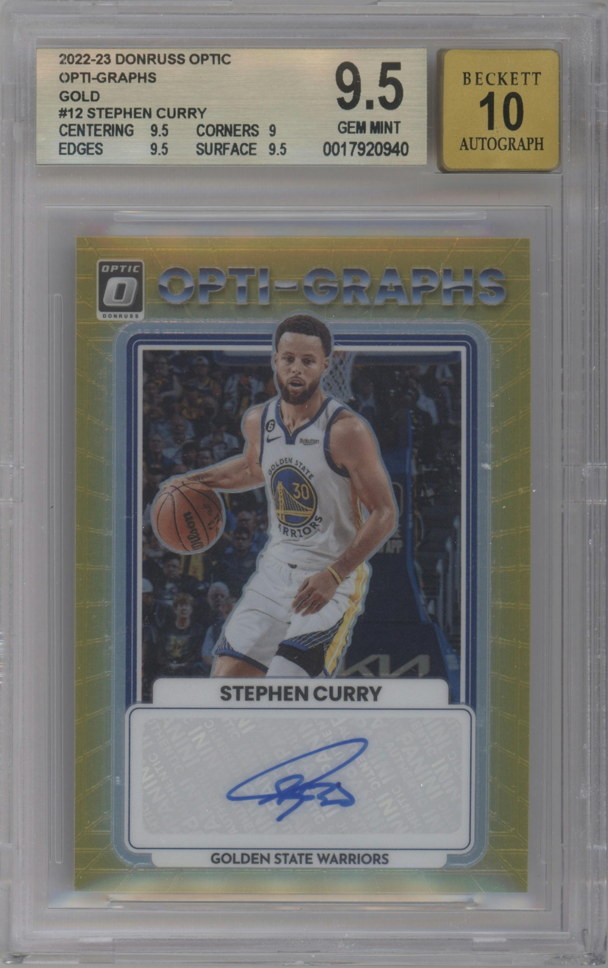 Stephen Curry from the 2022-23 Panini Donruss Optic  set featuring a Gold parallel graded by Beckett and given an overall grade of 9.5.