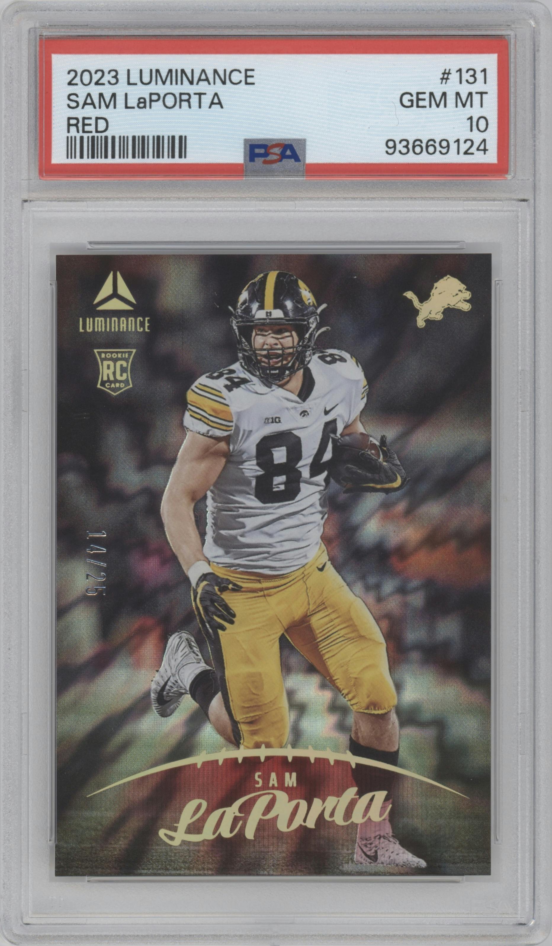 Sam LaPorta from the 2023 Panini Luminance set featuring a Red parallel graded by PSA and given an overall grade of 10.