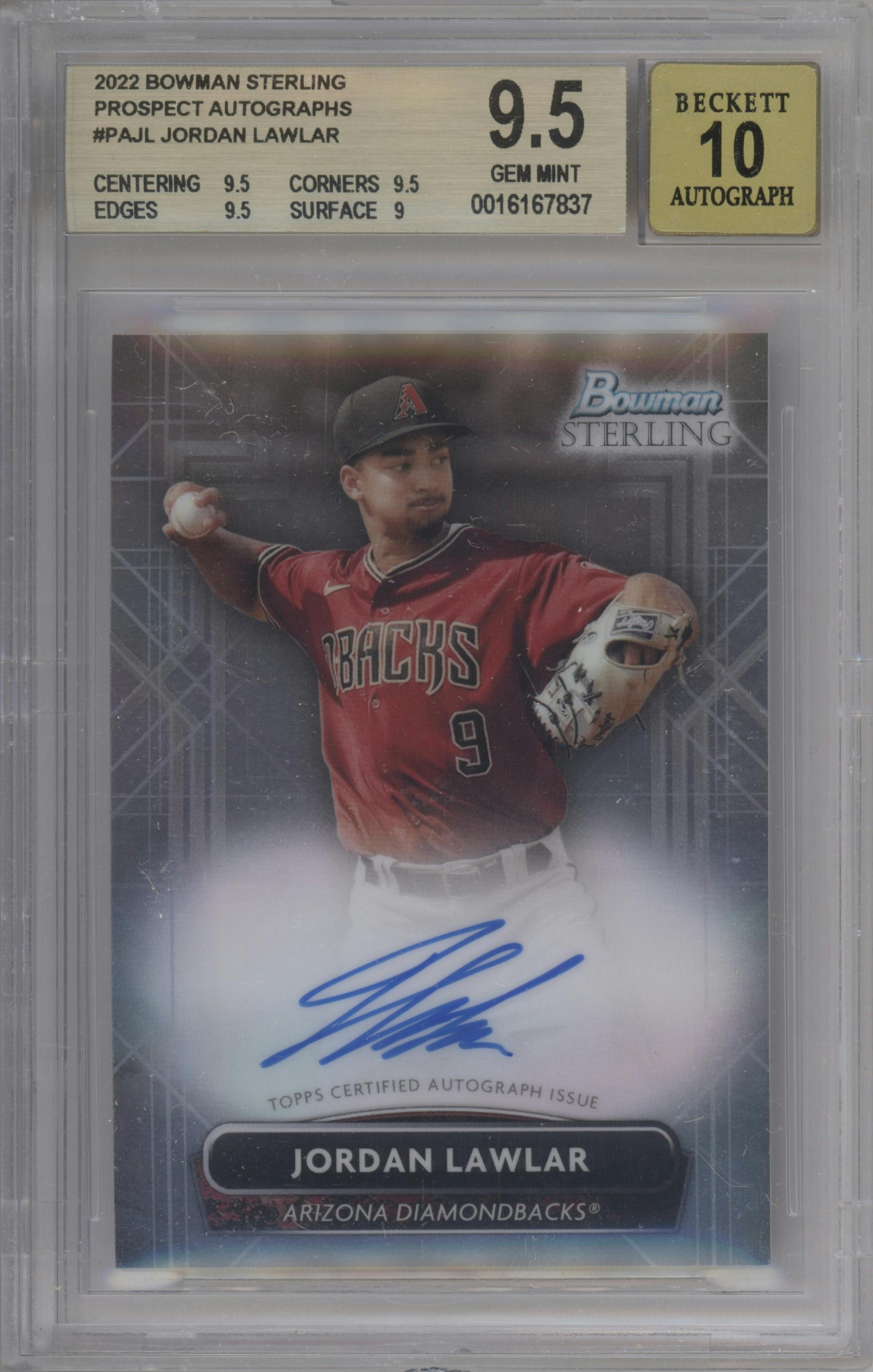 Jordan Lawlar from the 2022 Bowman Sterling set graded by Beckett and given an overall grade of 9.5.