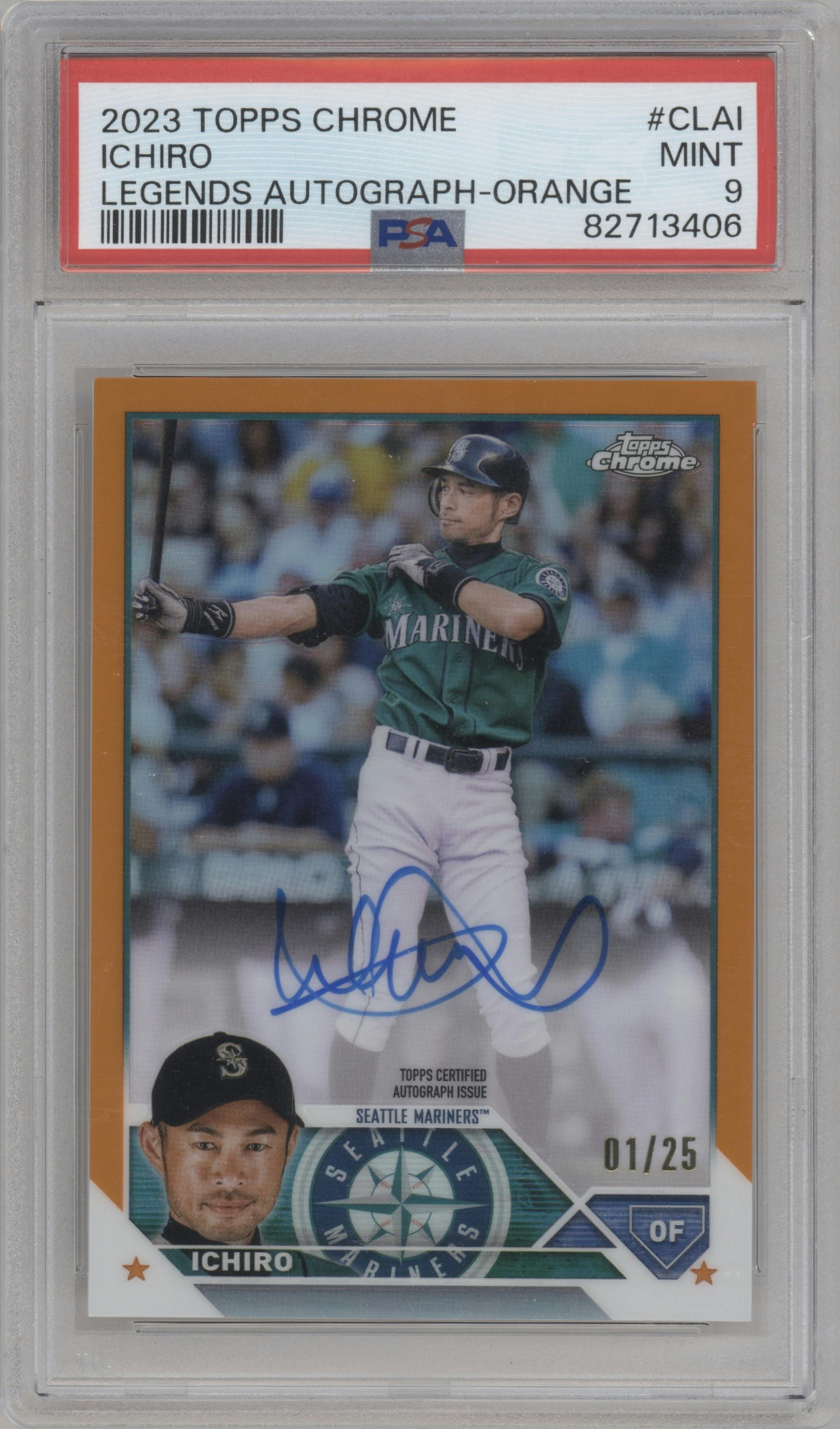 Ichiro from the 2023 Topps Chrome set featuring a Orange Refractor parallel graded by PSA and given an overall grade of 9.