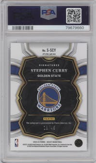 Stephen Curry from the 2022-23 Panini Select set featuring a Blue Prizm parallel graded by PSA and given an overall grade of 10.