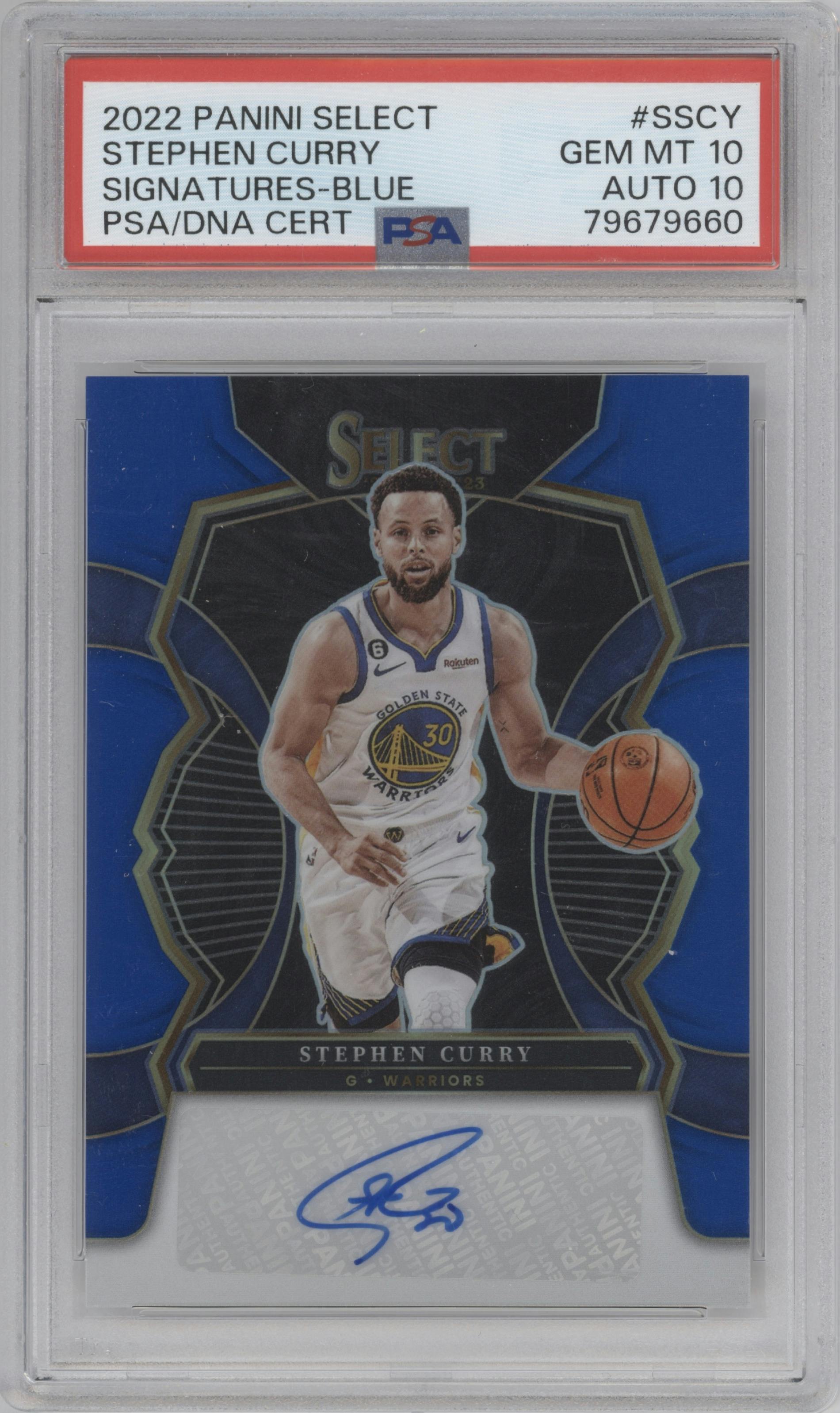 Stephen Curry from the 2022-23 Panini Select set featuring a Blue Prizm parallel graded by PSA and given an overall grade of 10.