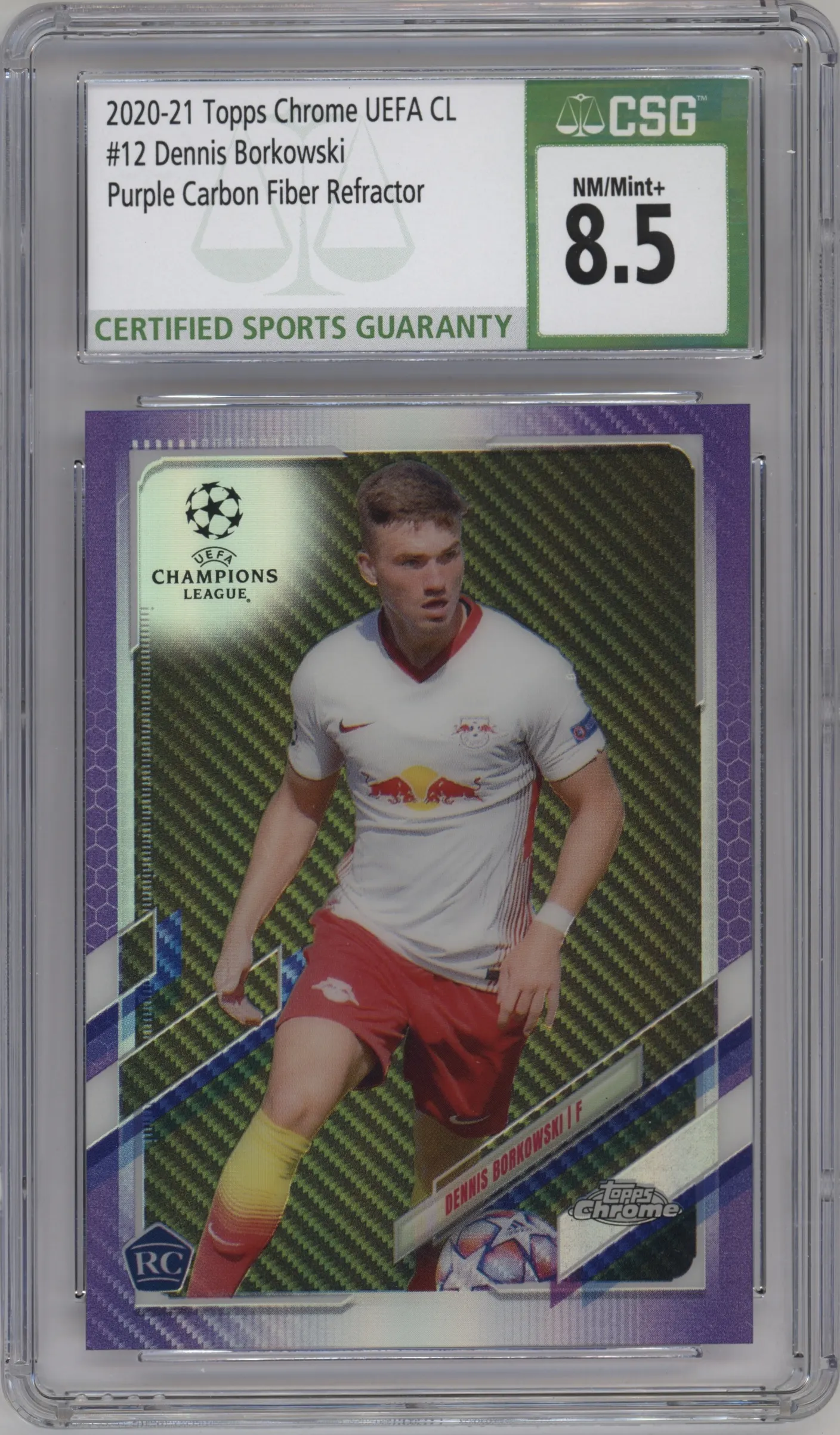 2020 Topps Chrome UEFA Champions League Dennis Borkowski Purple Carbon Fiber Refractor CGC 8.5