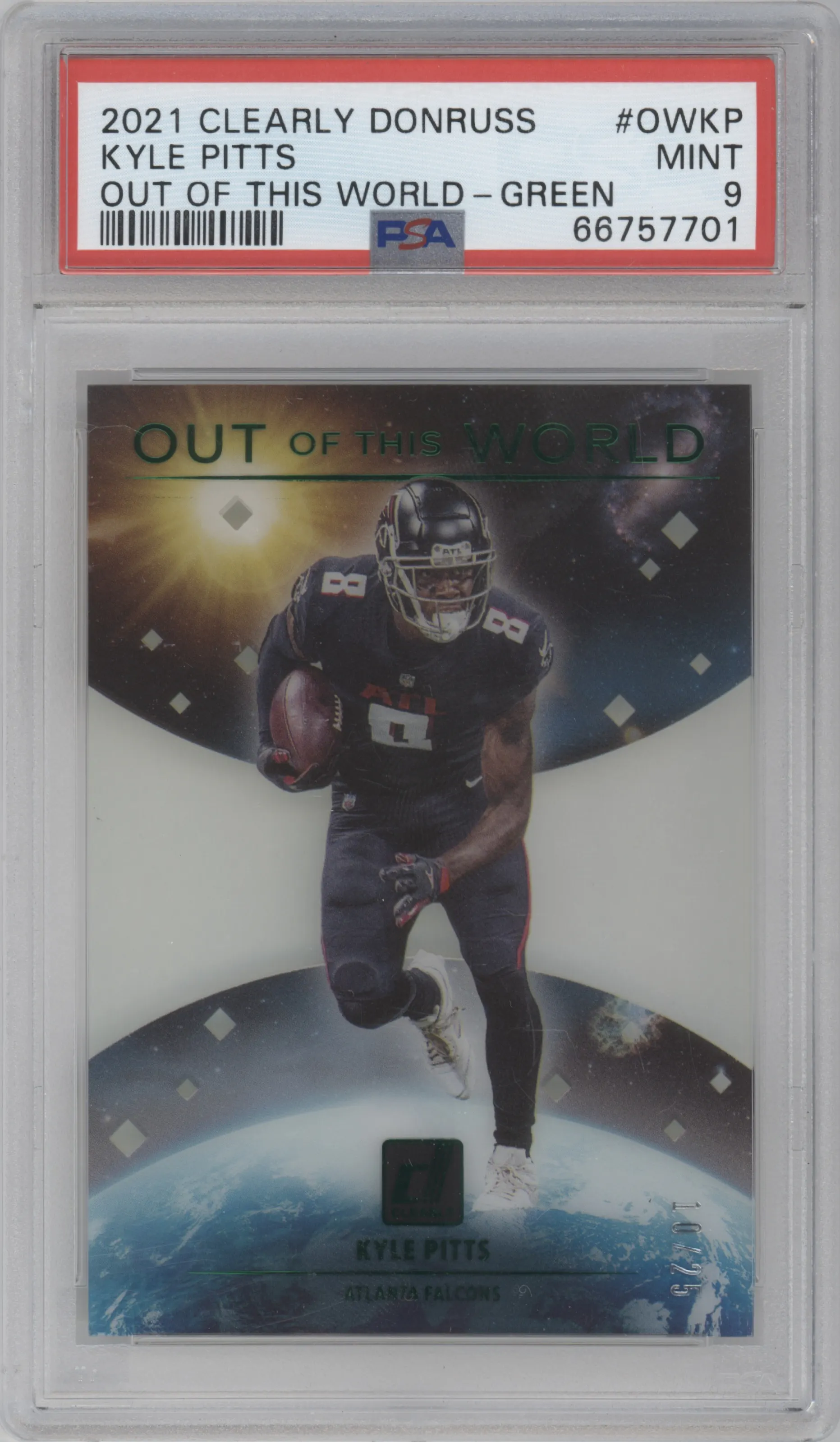 2021 Panini Clearly Donruss Out of this World Kyle Pitts Green PSA 9