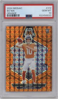 Bo Nix from the 2024 Panini Mosaic set featuring a Orange parallel graded by PSA and given an overall grade of 10.