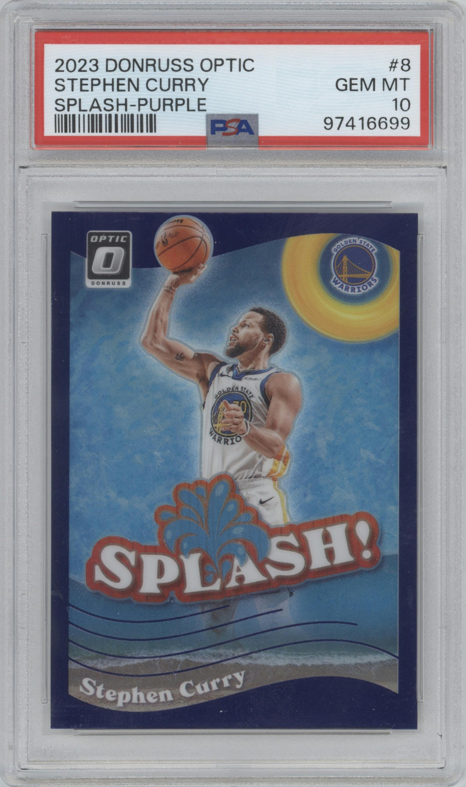 Stephen Curry from the 2023-24 Donruss Optic set featuring a Purple parallel graded by PSA and given an overall grade of 10.