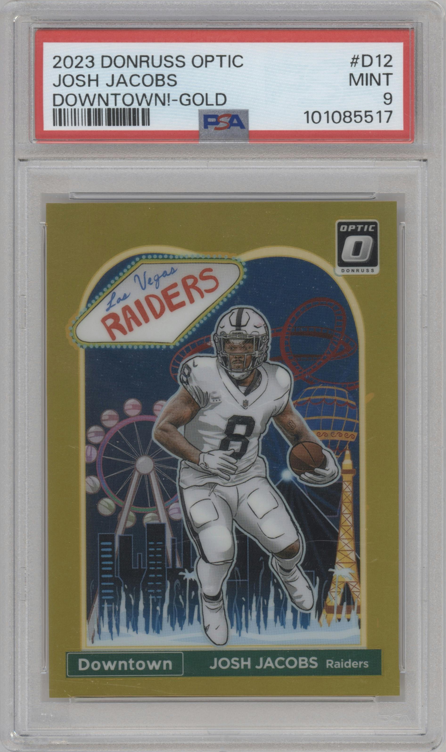 Josh Jacobs from the 2023 Donruss Optic set featuring a Gold parallel graded by PSA and given an overall grade of 9.