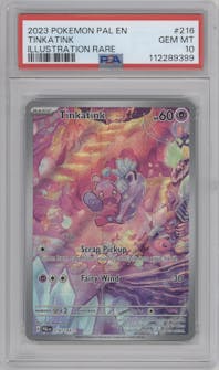 Tinkatink from the 2023 Pokemon SV set graded by PSA and given an overall grade of 10.