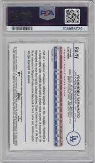 Yoshinobu Yamamoto from the 2024 Topps Chrome Update set featuring a Lava Lamp Magenta / Purple Refractor parallel graded by PSA and given an overall grade of 10.