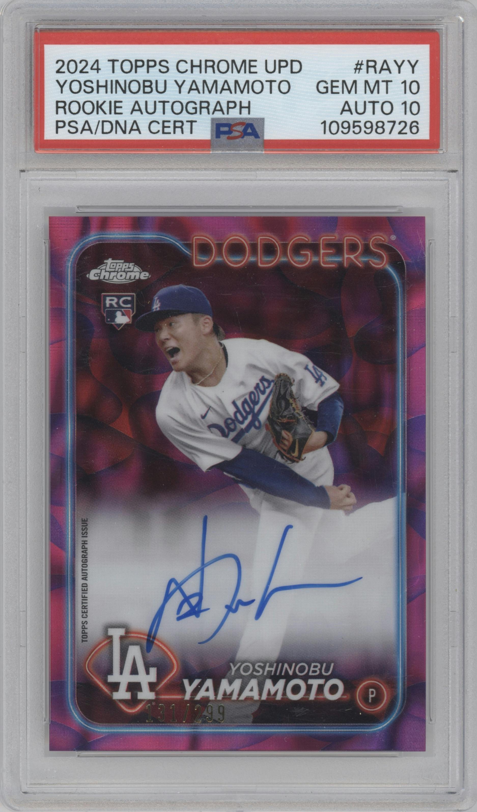 Yoshinobu Yamamoto from the 2024 Topps Chrome Update set featuring a Lava Lamp Magenta / Purple Refractor parallel graded by PSA and given an overall grade of 10.