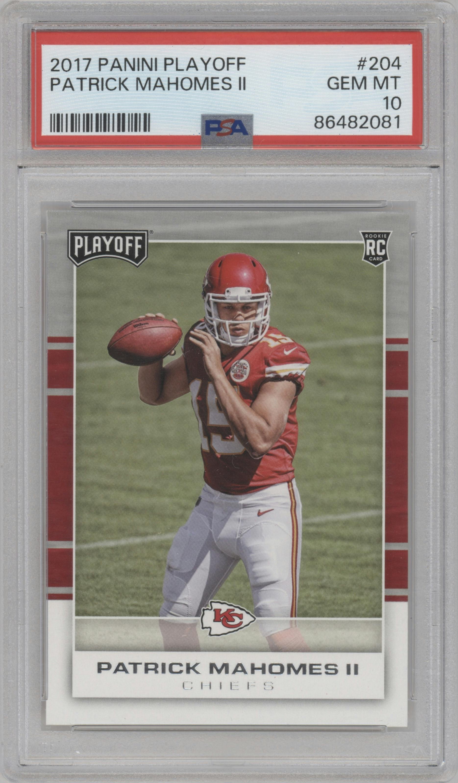 Patrick Mahomes II from the 2017 Panini Playoff set graded by PSA and given an overall grade of 10.