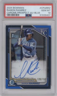 Ramon Ramirez from the 2024 Bowman set featuring a Blue Refractor parallel graded by PSA and given an overall grade of 10.