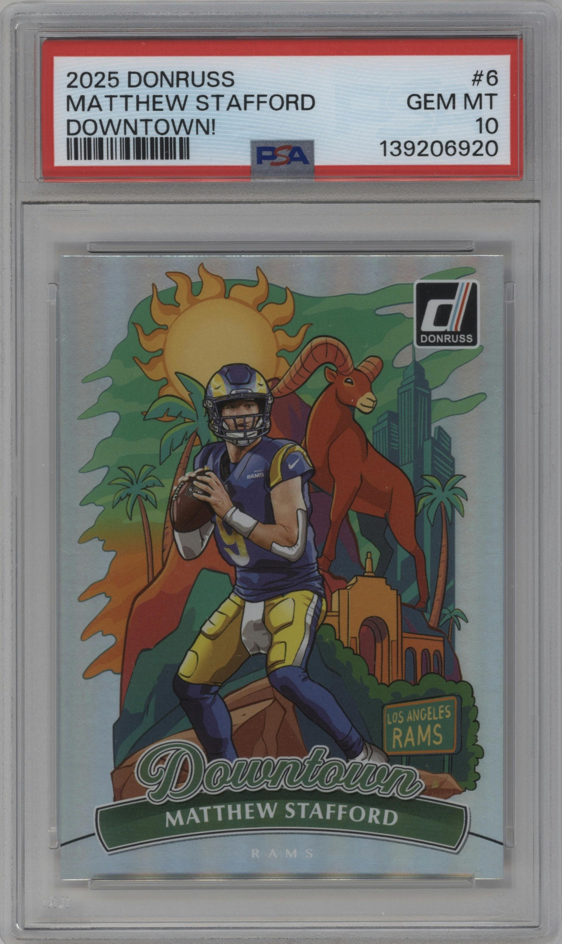 Matthew Stafford from the 2025 Panini Donruss set graded by PSA and given an overall grade of 10.