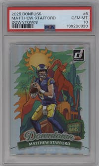 Matthew Stafford from the 2025 Panini Donruss set graded by PSA and given an overall grade of 10.