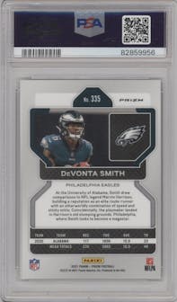 DeVonta Smith from the 2021 Panini Prizm set featuring a Snakeskin parallel graded by PSA and given an overall grade of 10.