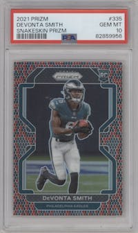 DeVonta Smith from the 2021 Panini Prizm set featuring a Snakeskin parallel graded by PSA and given an overall grade of 10.