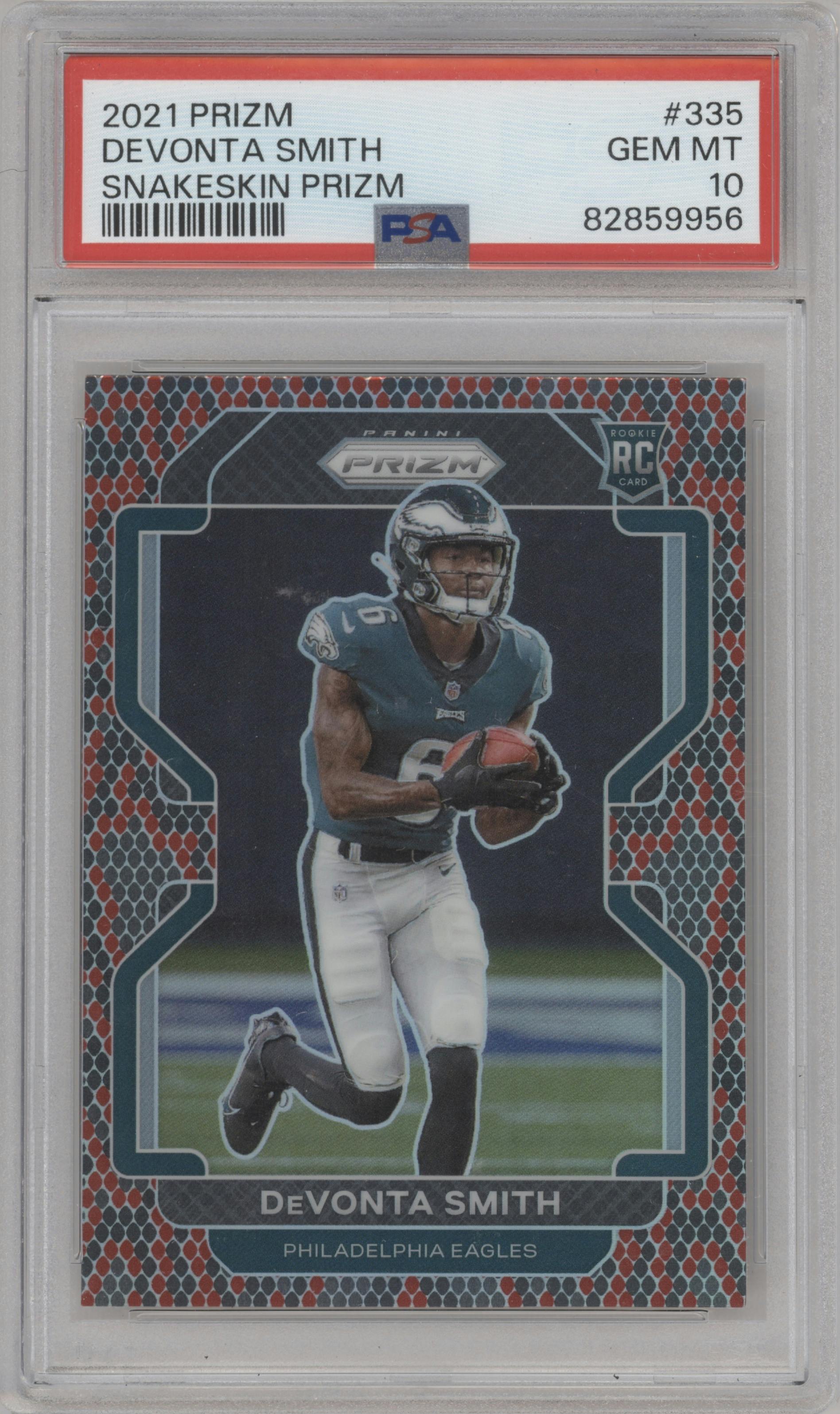 DeVonta Smith from the 2021 Panini Prizm set featuring a Snakeskin parallel graded by PSA and given an overall grade of 10.