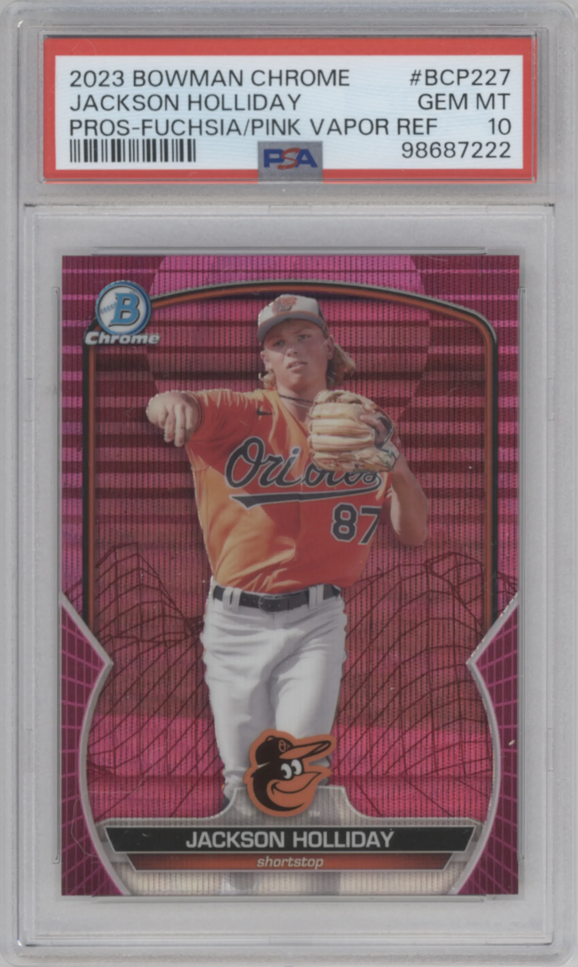 2023 Bowman Chrome Prospect Jackson Holliday Fuchsia/Pink Vapor Refractor PSA 10