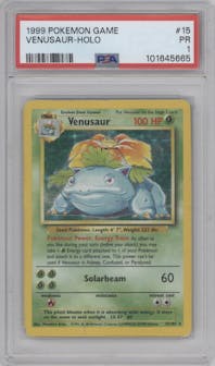 Venusaur from the 1999 Pokemon set graded by PSA and given an overall grade of 1.