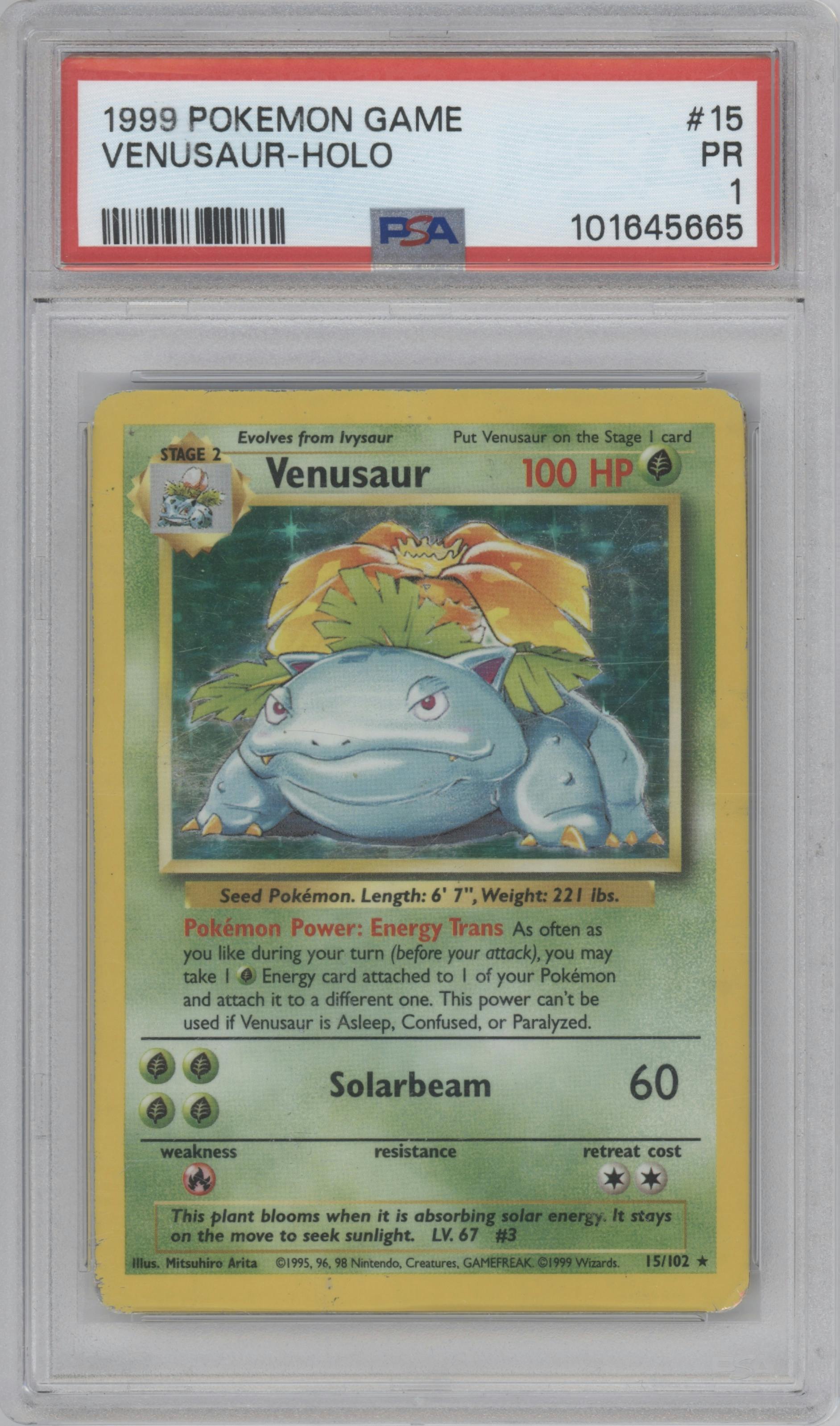 Venusaur from the 1999 Pokemon set graded by PSA and given an overall grade of 1.