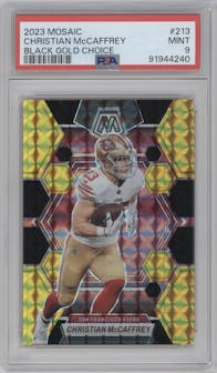 Christian McCaffrey from the 2023 Panini Mosaic set featuring a Choice Black Gold parallel graded by PSA and given an overall grade of 9.