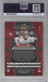 Christian McCaffrey from the 2023 Panini Mosaic set featuring a Choice Black Gold parallel graded by PSA and given an overall grade of 9.