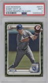 Bobby Witt Jr. from the 2020 Bowman set featuring a Camo parallel graded by PSA and given an overall grade of 9.