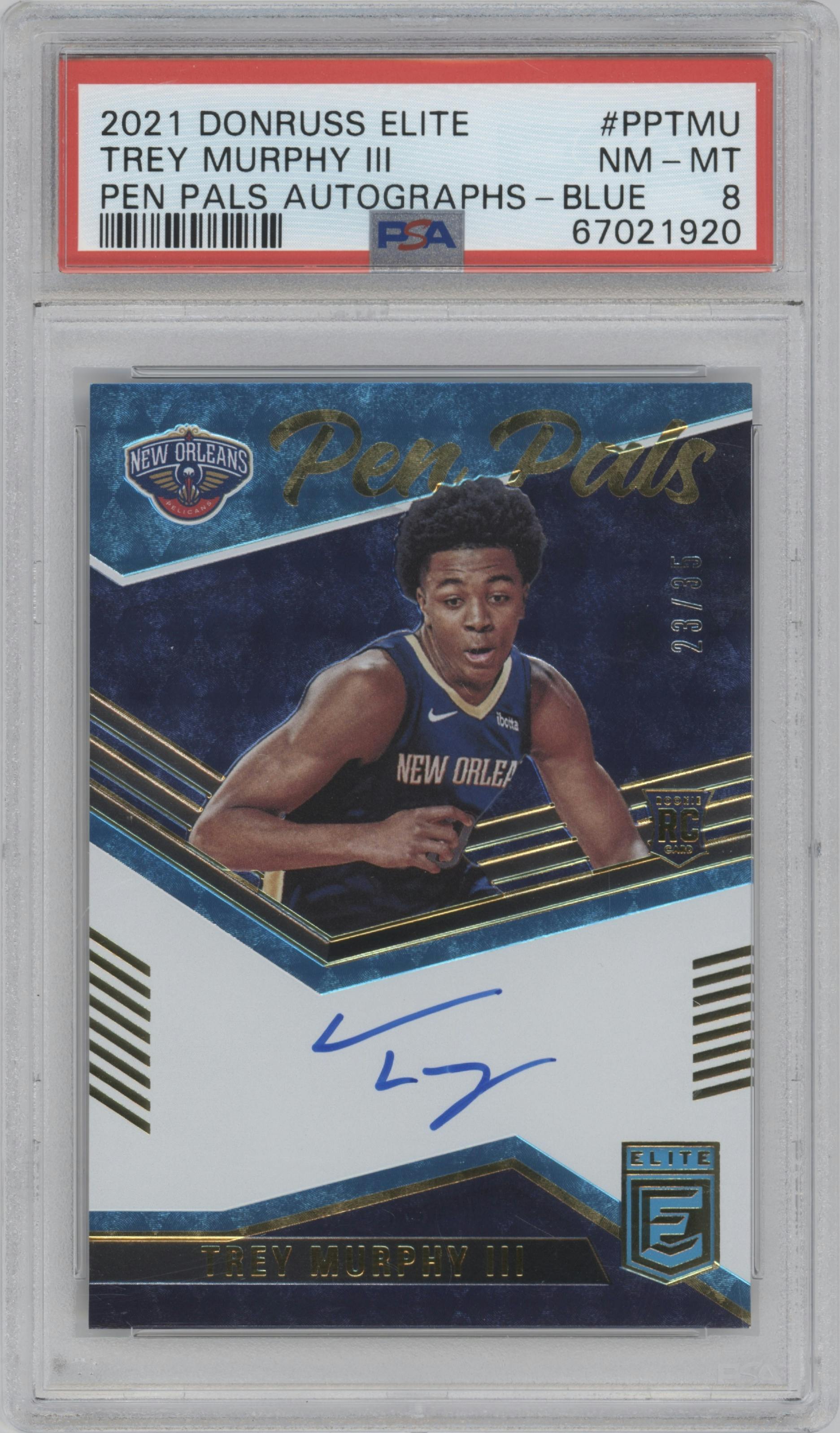 Trey Murphy III from the 2021-22 Panini Donruss Elite  set featuring a Blue parallel graded by PSA and given an overall grade of 8.