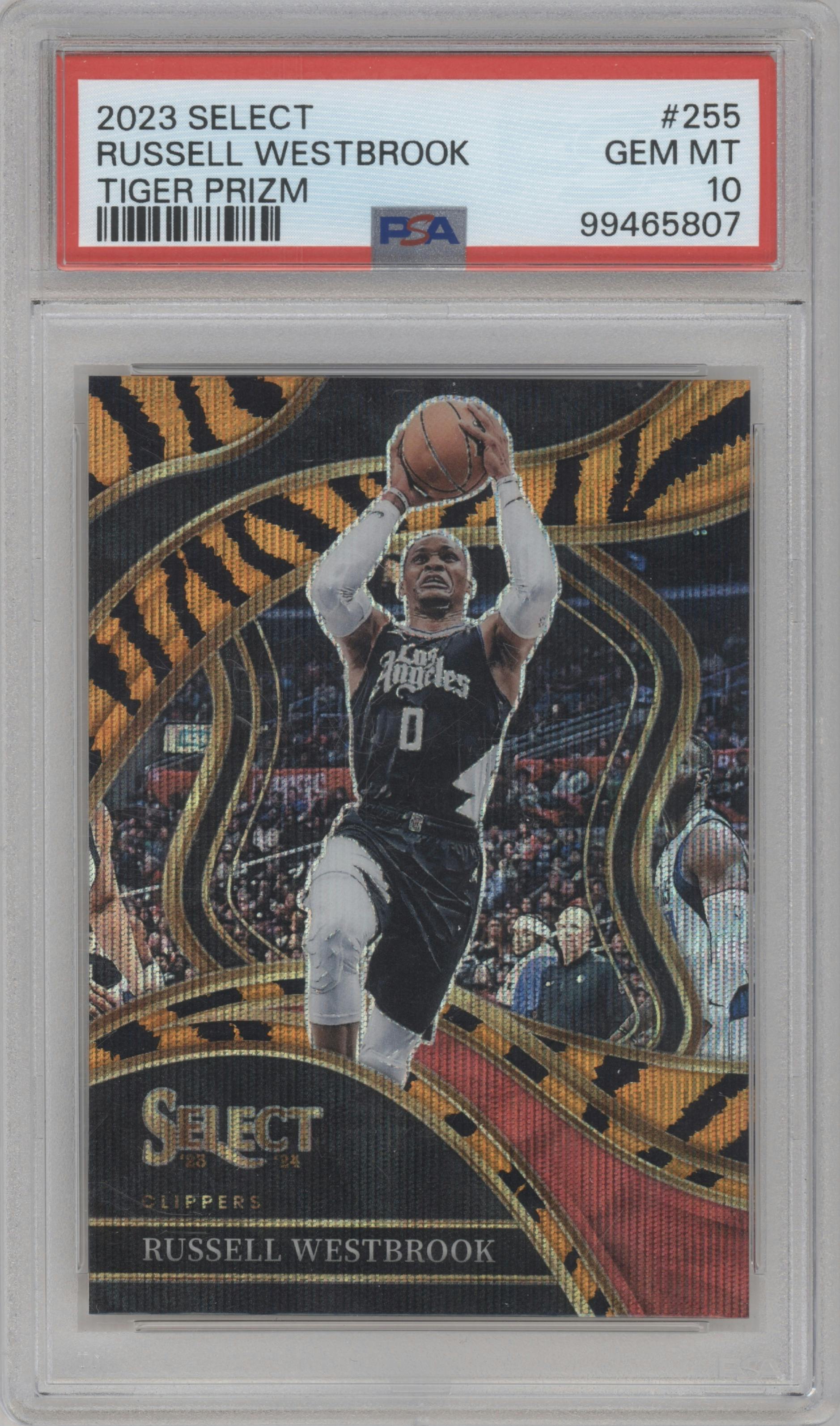 Russell Westbrook from the 2023-24 Panini Select  set featuring a Tiger parallel graded by PSA and given an overall grade of 10.