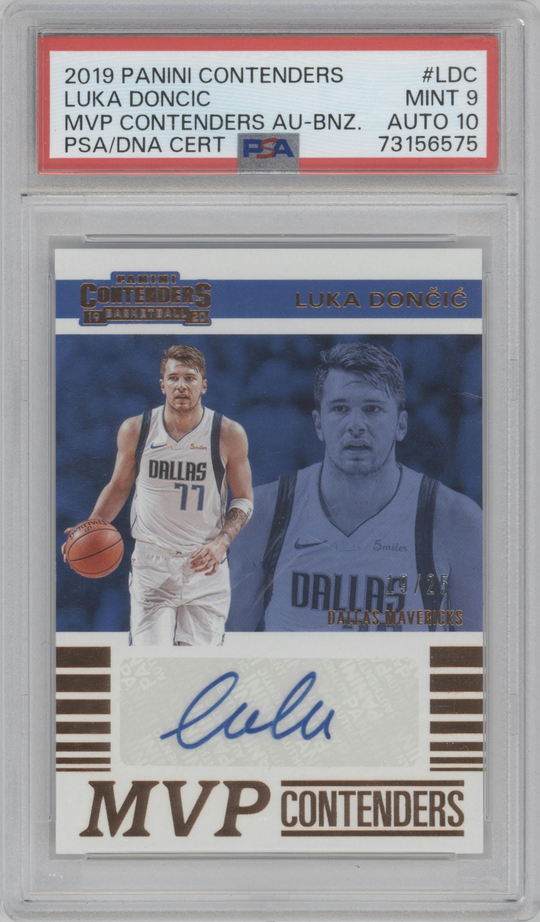 Luka Doncic from the 2019-20 Panini Contenders set featuring a Bronze parallel graded by PSA and given an overall grade of 9.