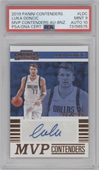 Luka Doncic from the 2019-20 Panini Contenders set featuring a Bronze parallel graded by PSA and given an overall grade of 9.