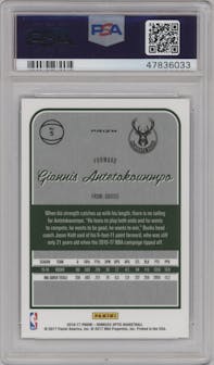 Giannis Antetokounmpo from the 2016-17 Panini Donruss Optic set featuring a Holo parallel graded by PSA and given an overall grade of 9.