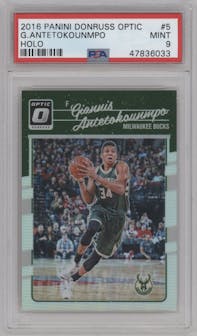 Giannis Antetokounmpo from the 2016-17 Panini Donruss Optic set featuring a Holo parallel graded by PSA and given an overall grade of 9.
