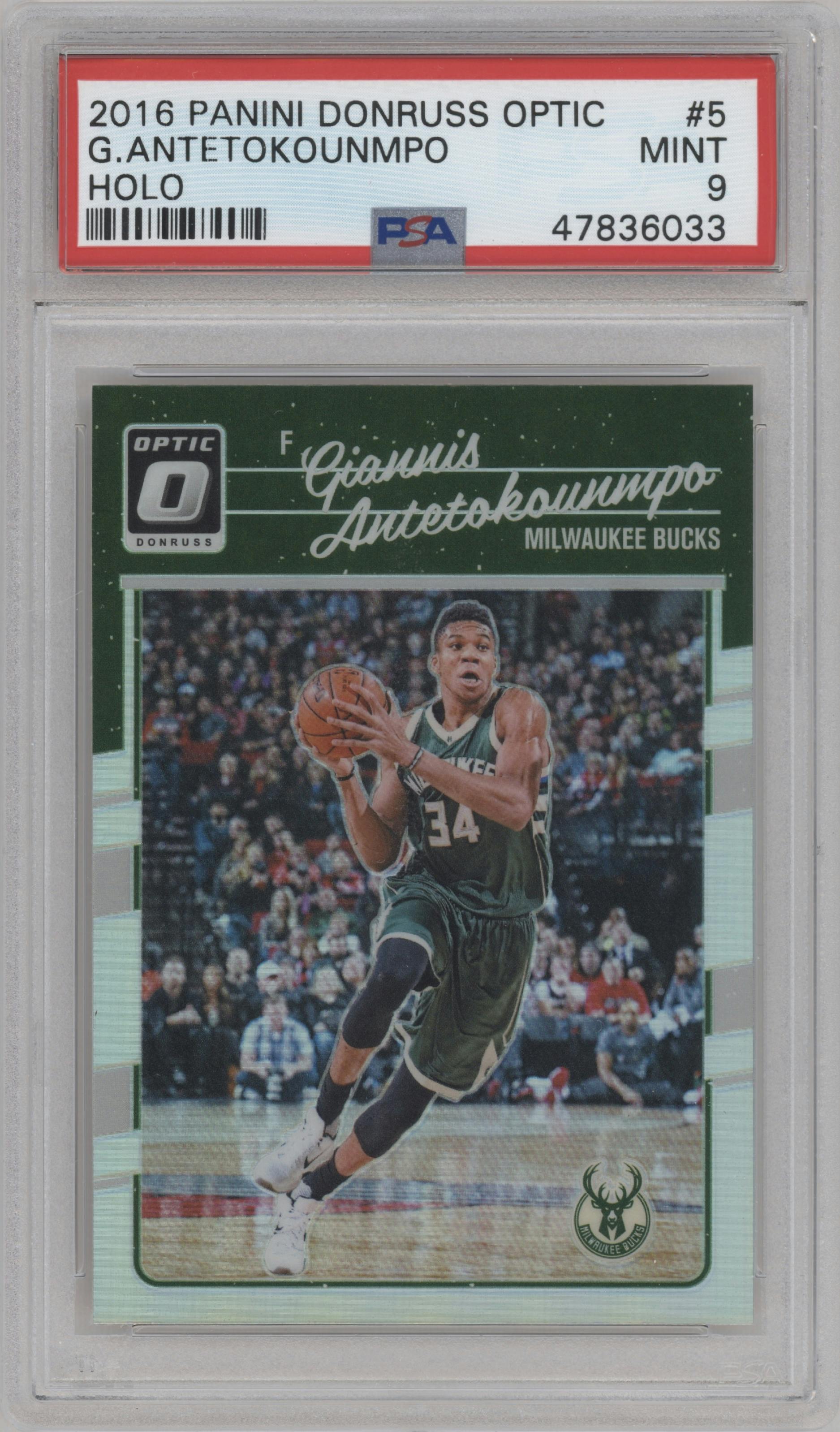Giannis Antetokounmpo from the 2016-17 Panini Donruss Optic set featuring a Holo parallel graded by PSA and given an overall grade of 9.