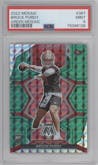 Brock Purdy from the 2022 Panini Mosaic set featuring a Green Mosaic parallel graded by PSA and given an overall grade of 9.