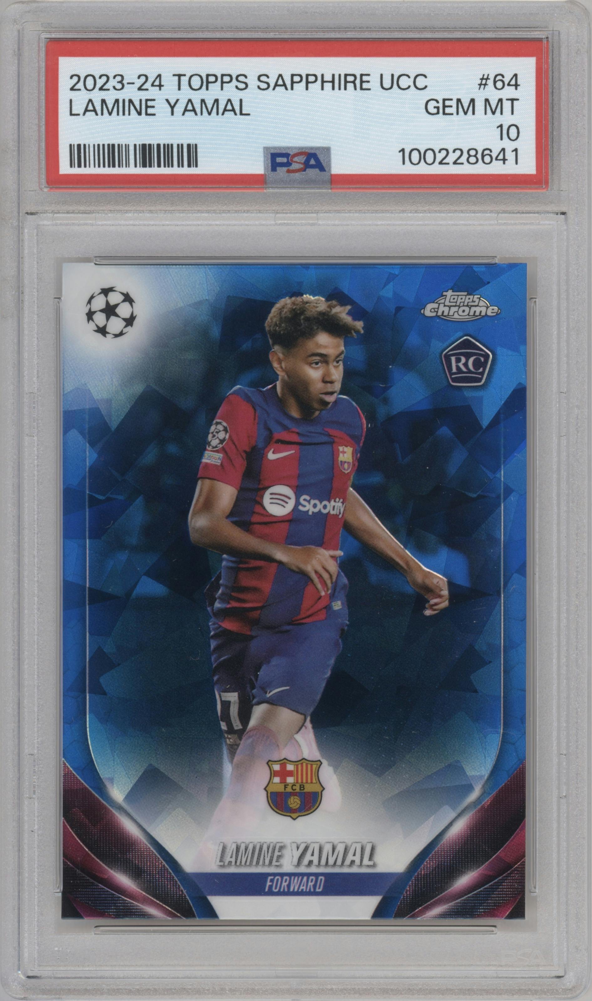 Lamine Yamal from the 2023-24 Topps Chrome Sapphire Edition UEFA Club Competitions set graded by PSA and given an overall grade of 10.