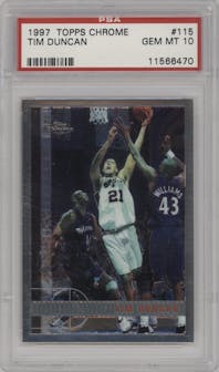 Tim Duncan from the 1997-98 Topps Chrome set graded by PSA and given an overall grade of 10.