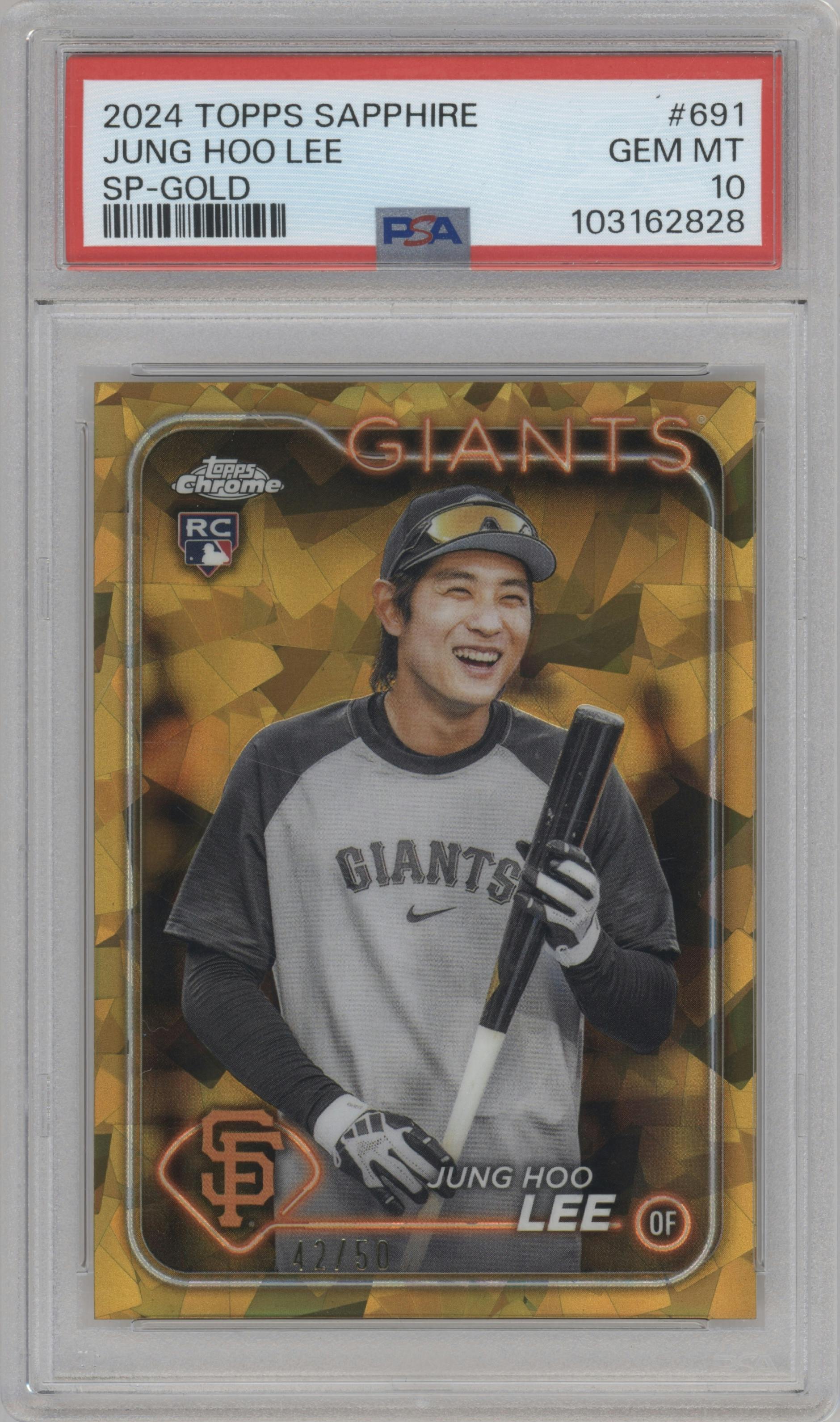 Jung Hoo Lee from the 2024 Topps Chrome Sapphire set featuring a Gold  parallel graded by PSA and given an overall grade of 10.