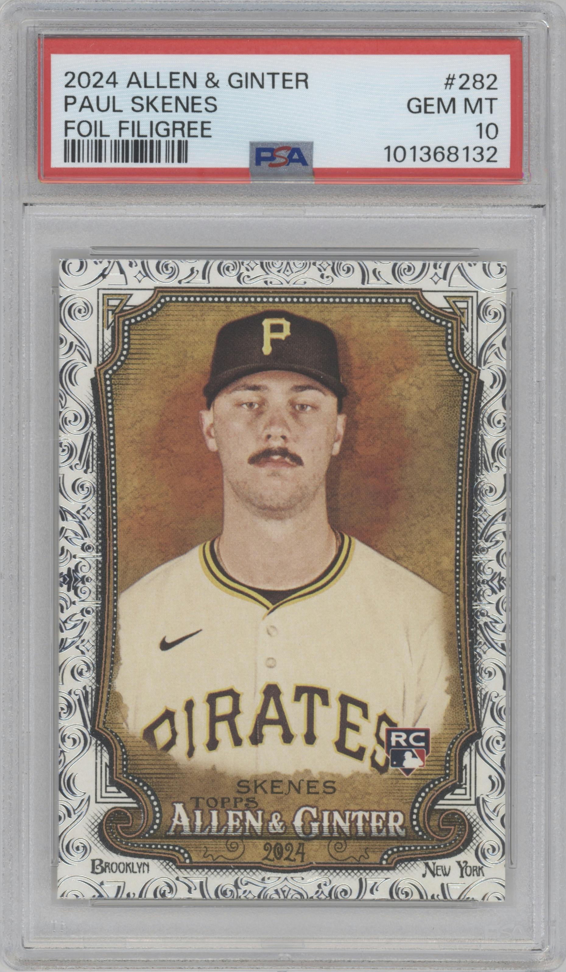 Paul Skenes from the 2024 Topps Allen & Ginter set featuring a Foil Filigree parallel graded by PSA and given an overall grade of 10.