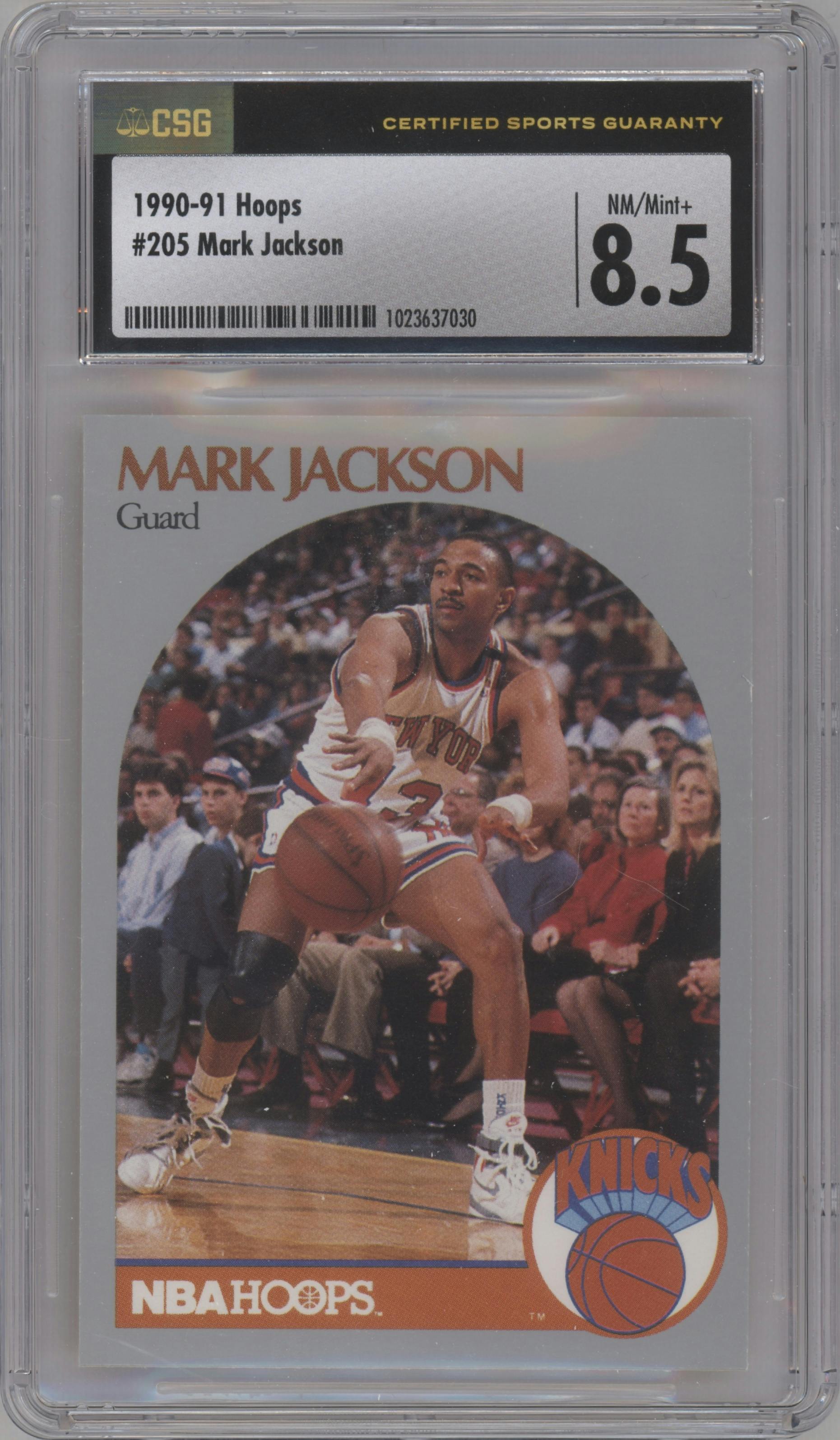 Mark Jackson from the 1990-91 NBA Hoops set graded by CSG and given an overall grade of 8.5.