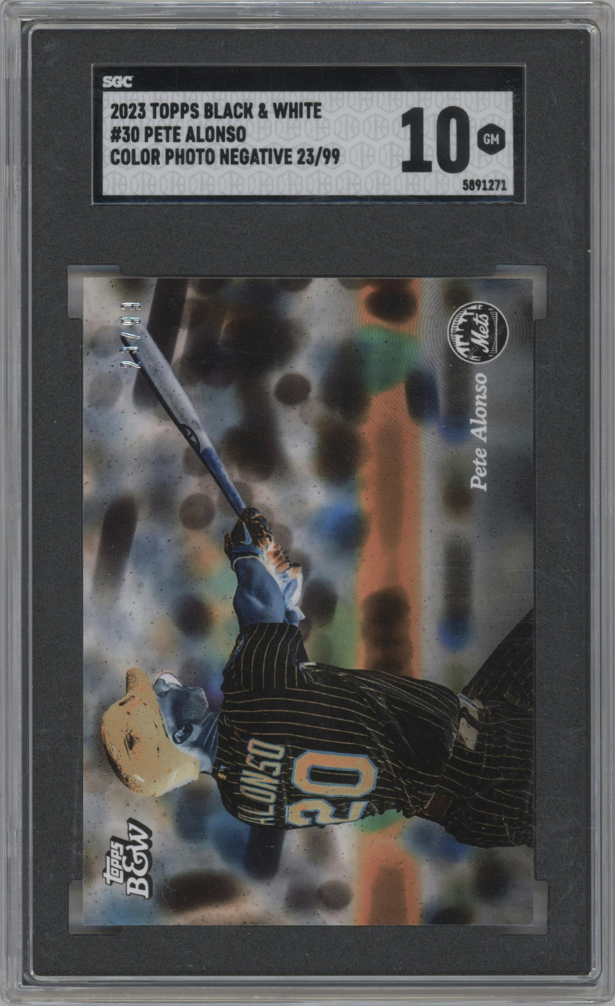 Pete Alonso from the 2023 Topps Black & White set featuring a Color Photo Negative parallel graded by SGC and given an overall grade of 10.