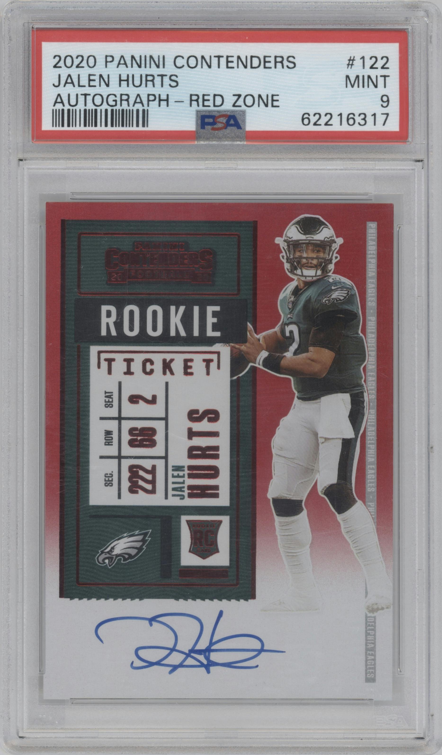 Jalen Hurts from the 2020 Panini Contenders set featuring a Red Zone parallel graded by PSA and given an overall grade of 9.