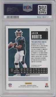 Jalen Hurts from the 2020 Panini Contenders set featuring a Red Zone parallel graded by PSA and given an overall grade of 9.