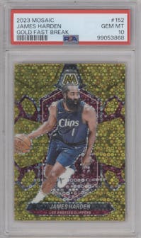 James Harden from the 2023-24 Panini Mosaic set featuring a Fast Break Gold parallel graded by PSA and given an overall grade of 10.