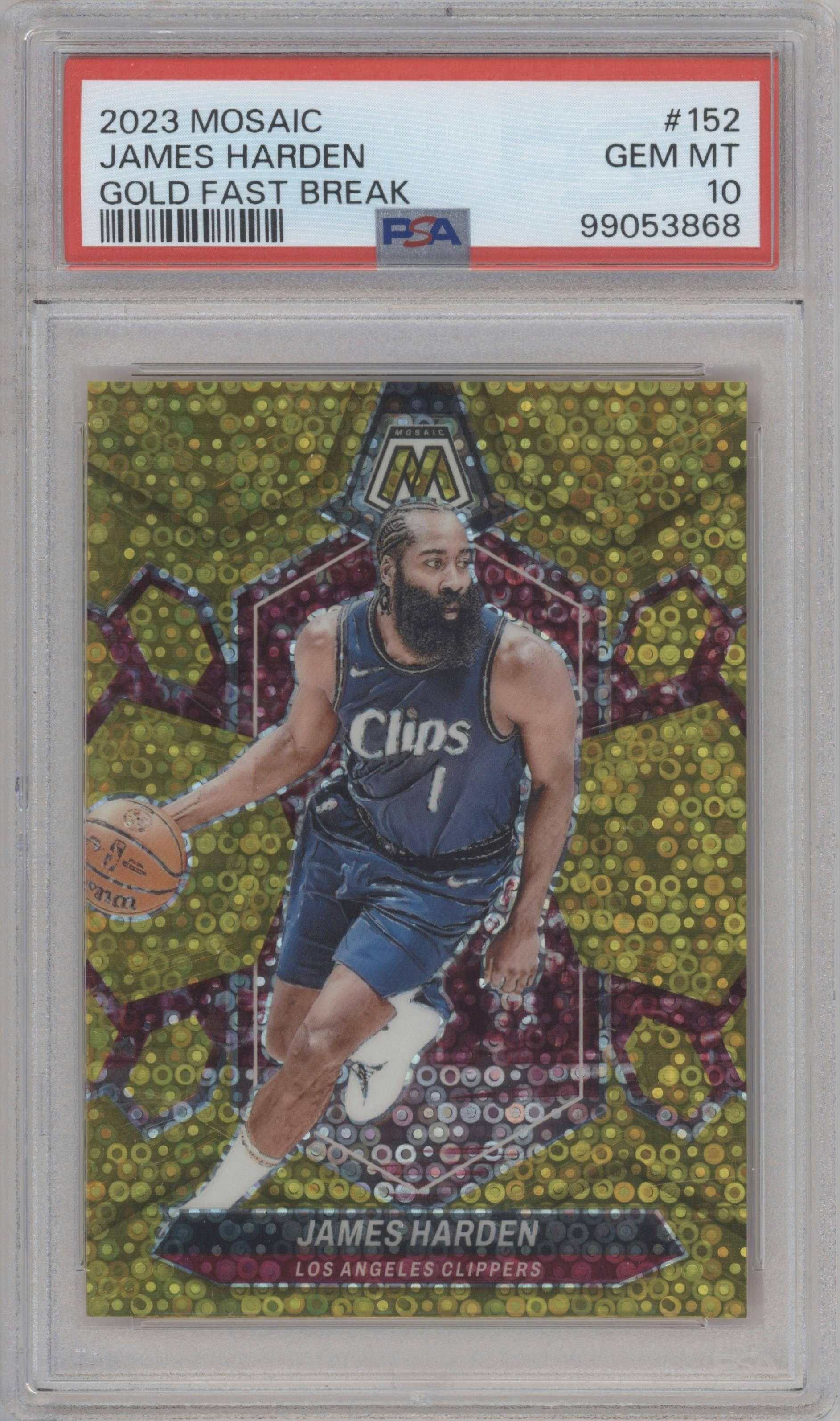 James Harden from the 2023-24 Panini Mosaic set featuring a Fast Break Gold parallel graded by PSA and given an overall grade of 10.