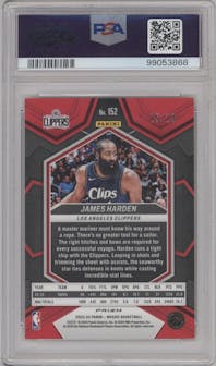James Harden from the 2023-24 Panini Mosaic set featuring a Fast Break Gold parallel graded by PSA and given an overall grade of 10.