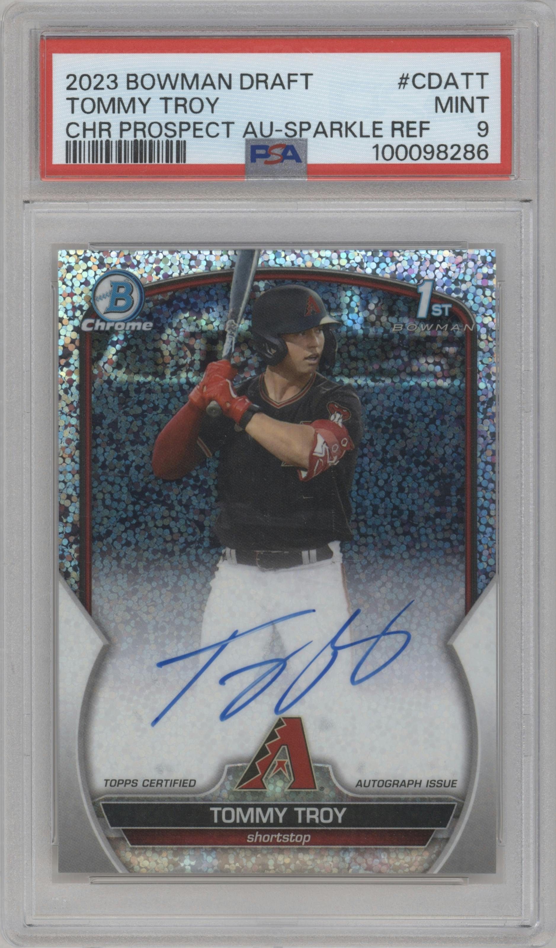 Tommy Troy from the 2023 Bowman Draft set featuring a Sparkle Refractor parallel graded by PSA and given an overall grade of 9.