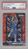 Luka Doncic from the 2018-19 Panini Prizm set featuring a Red Ice parallel graded by PSA and given an overall grade of 10.