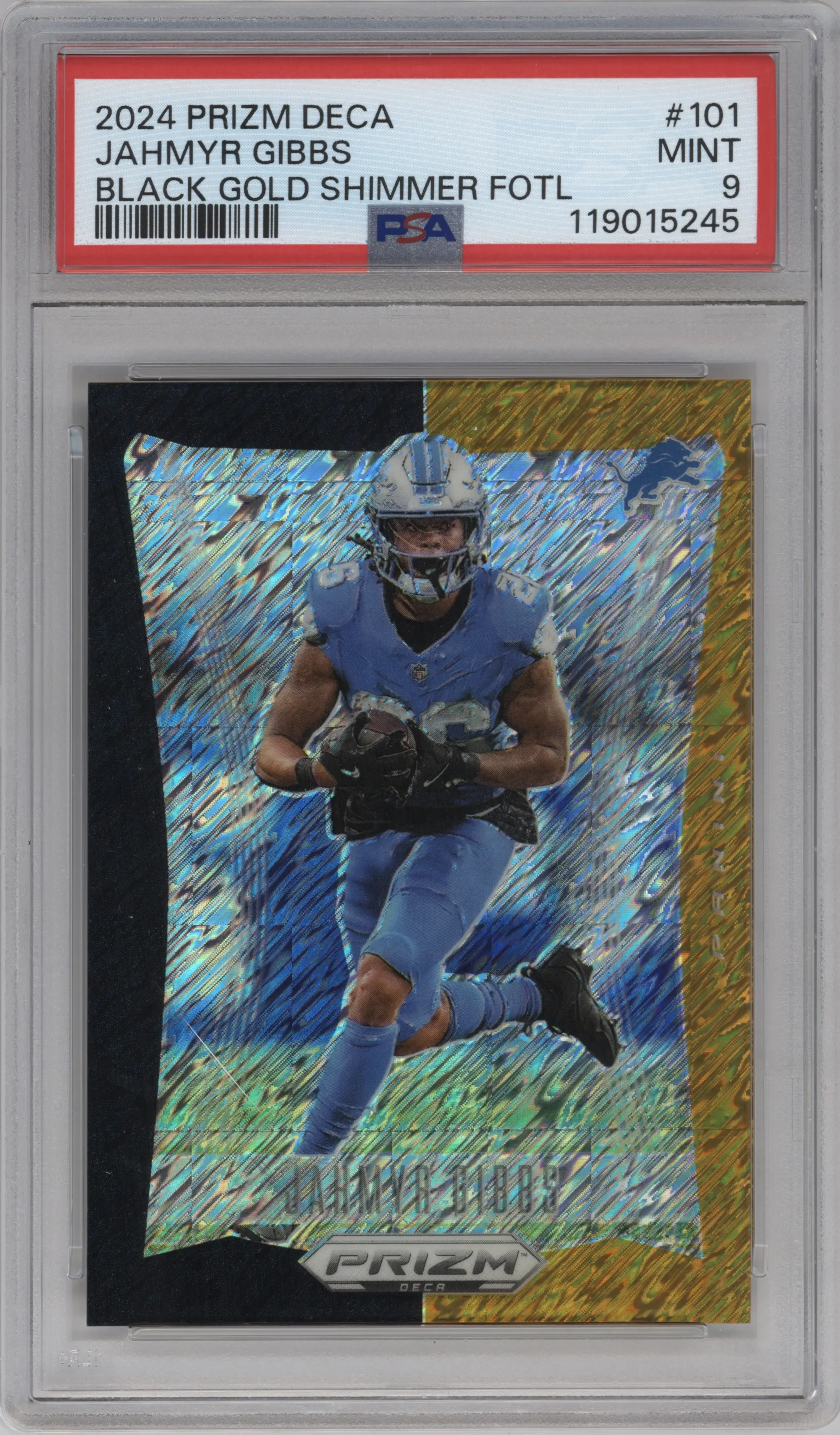 2024 Panini Prizm Deca Jahmyr Gibbs Shimmer Black Gold Prizms FOTL #101 PSA 9