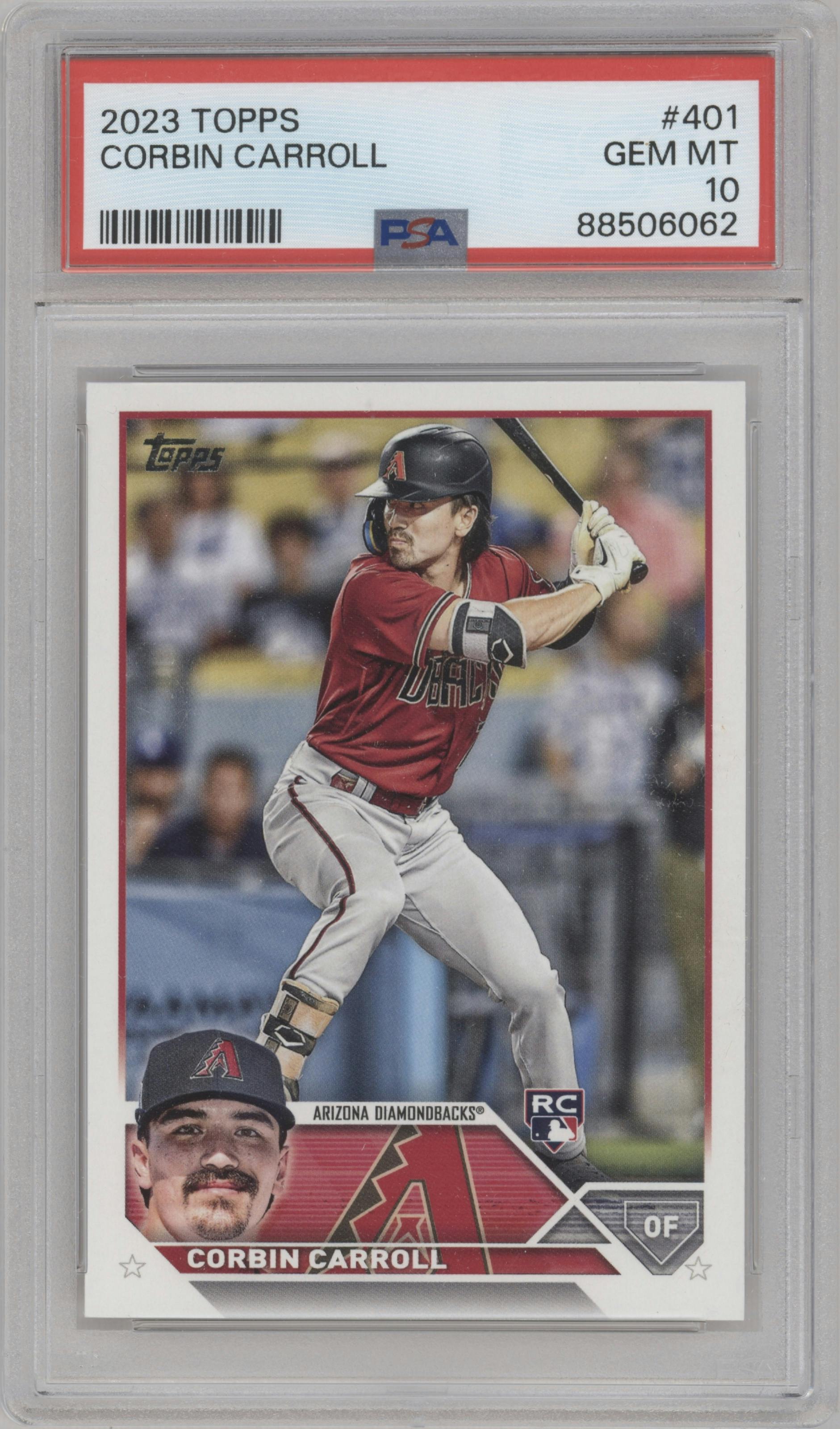 Corbin Carroll from the 2023 Topps Series 2 set graded by PSA and given an overall grade of 10.